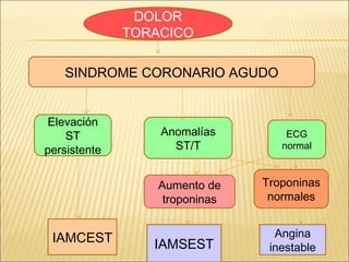 DOLOR
TORACICO
SINDROME CORONARIO AGUDO
Elevación
ST
persistente
Anomalías
ST/T
ECG
normal
Aumento de
troponinas
Troponinas
normales
IAMCEST IAMSEST
Angina
inestable
 