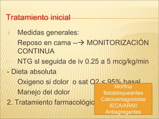 Tratamiento inicial
1. Medidas generales:
- Reposo en cama -- MONITORIZACIÓN
CONTINUA
- NTG sl seguida de iv 0.25 a 5 mcg/kg/min
- Dieta absoluta
- Oxigeno si dolor o sat O2 < 95% basal
- Manejo del dolor
2. Tratamiento farmacológico
Morfina
Betabloqueantes
Calcioantagonistas
IECA/ARAII
Antiagregantes
 