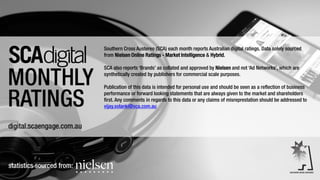 Southern Cross Austereo (SCA) each month reports Australian digital ratings. Data solely sourced
from Nielsen Online Ratings - Market Intelligence & Hybrid.
SCA also reports ‘Brands’ as collated and approved by Nielsen and not ‘Ad Networks’, which are
synthetically created by publishers for commercial scale purposes.
Publication of this data is intended for personal use and should be seen as a reflection of business
performance or forward looking statements that are always given to the market and shareholders
first. Any comments in regards to this data or any claims of misreprestation should be addressed to
vijay.solanki@sca.com.au
statistics sourced from:
 