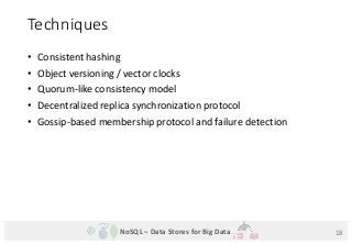NoSQL – Data Stores for Big Data
Techniques
• Consistent hashing
• Object versioning / vector clocks
• Quorum-like consist...