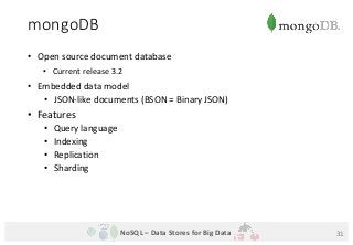 NoSQL – Data Stores for Big Data
mongoDB
• Open source document database
• Current release 3.2
• Embedded data model
• JSO...