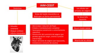 Áreas del tejido miocárdico se
destruyen en forma permanente Se desarrolla
isquemia
• Ateroma(por reducción del flujo)
• Émbolo o trombo(oclusión completa)
• Vasoespasmo (constricción o estrechamiento
repentino)
• Disminución del suministro de oxígeno (por
pérdida aguda de sangre, anemia o presión
arterial baja)
• Mayor demanda de oxígeno (por taquicardia,
tirotoxicosis o consumo de cocaína)
IAM-CESST
Sinónimos Las células son
privadas de oxígeno
• Oclusión
coronaria
• Ataque cardiaco
• Infarto miocárdico
Muerte de las células
Ocurre lesión celular
 