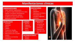 Manifestaciones clínicas
CARDIOVASCULARES
• Dolor torácico, palpitaciones.
• Se aprecia mayor distensión de la vena
yugular si el infarto miocárdico ha
causado insuficiencia cardiaca.
• El déficit de pulso puede indicar
fibrilación auricular.
RESPIRATORIOS
• Disnea
• Taquipnea
• Estertores si el infarto
miocárdico ha
causado congestión
pulmonar.
GASTROINTESTINALES
• Náusea
• Vómito.
CUTÁNEOS
• Piel fría
• Pegajosa
• Diaforética
• Pálida
• Edema
NEUROLÓGICOS
• Ansiedad
• Inquietud
• Mareo
• Cefalea
• Trastornos visuales,
• Alteraciones del habla,
• Alteraciones de la función
motora
• Cambios en el nivel de
conciencia
PSICOLÓGICOS
• Miedo con
sensación de
un desastre
inminente
• Negación de
que algo anda
mal.
 