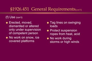 §1926.451  General Requirements (con’t) Erected, moved, dismantled or altered only under supervision of competent person No work on snow, ice covered platforms Tag lines on swinging loads Protect suspension ropes from heat, acid No work during storms or high winds (f) Use  (con’t) 