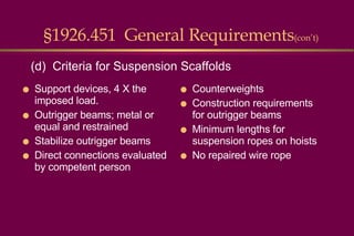 §1926.451  General Requirements (con’t) Support devices, 4 X the imposed load. Outrigger beams; metal or equal and restrained Stabilize outrigger beams Direct connections evaluated by competent person Counterweights Construction requirements for outrigger beams Minimum lengths for suspension ropes on hoists No repaired wire rope (d)  Criteria for Suspension Scaffolds 