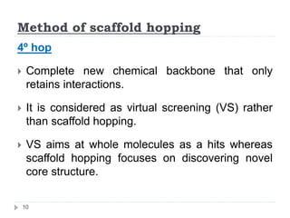 4º hop
 Complete new chemical backbone that only
retains interactions.
 It is considered as virtual screening (VS) rather
than scaffold hopping.
 VS aims at whole molecules as a hits whereas
scaffold hopping focuses on discovering novel
core structure.
Method of scaffold hopping
10
 