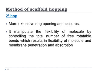 2º hop
 More extensive ring opening and closures.
 It manipulate the flexibility of molecule by
controlling the total number of free rotatable
bonds which results in flexibility of molecule and
membrane penetration and absorption
Method of scaffold hopping
8
 