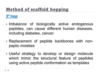 3º hop
 Imbalance of biologically active endogenous
peptides, can cause different human diseases,
including diabetes, cancer.
 Replacement of peptide backbones with non-
peptic moieties
 Useful strategy to develop or design molecule
which mimic the structural feature of peptides
using active peptide conformation as templates
Method of scaffold hopping
9
 
