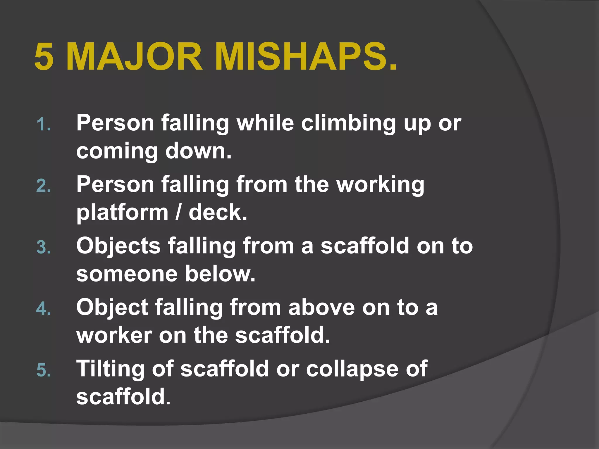 5 MAJOR MISHAPS.
1.   Person falling while climbing up or
     coming down.
2.   Person falling from the working
     platform / deck.
3.   Objects falling from a scaffold on to
     someone below.
4.   Object falling from above on to a
     worker on the scaffold.
5.   Tilting of scaffold or collapse of
     scaffold.
 