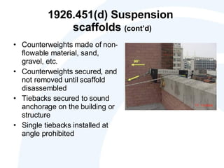 1926.451(d) Suspension  scaffolds  (cont’d) Counterweights made of non-flowable material, sand, gravel, etc. Counterweights secured, and not removed until scaffold disassembled Tiebacks secured to sound anchorage on the building or structure Single tiebacks installed at angle prohibited 