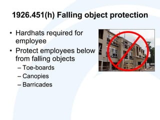 1926.451(h) Falling object protection Hardhats required for employee  Protect employees below from falling objects Toe-boards Canopies Barricades 