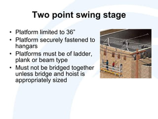 Two point swing stage Platform limited to 36” Platform securely fastened to hangars Platforms must be of ladder, plank or beam type Must not be bridged together unless bridge and hoist is appropriately sized 