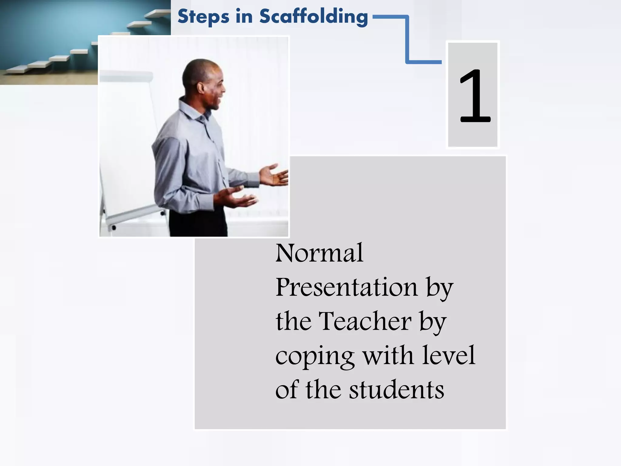 .
Normal
Presentation by
the Teacher by
coping with level
of the students
1
Steps in Scaffolding