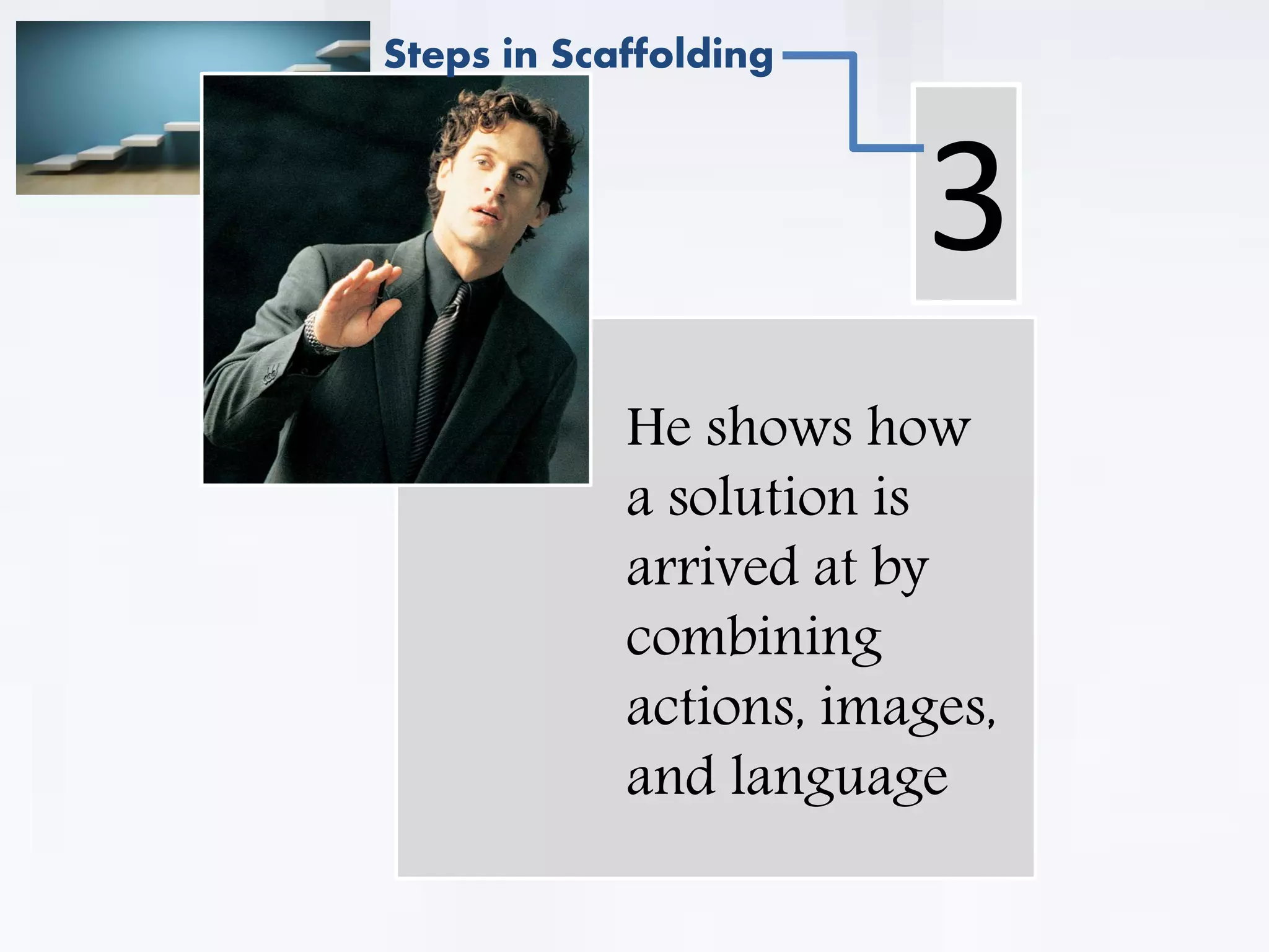 .
He shows how
a solution is
arrived at by
combining
actions, images,
and language
3
Steps in Scaffolding