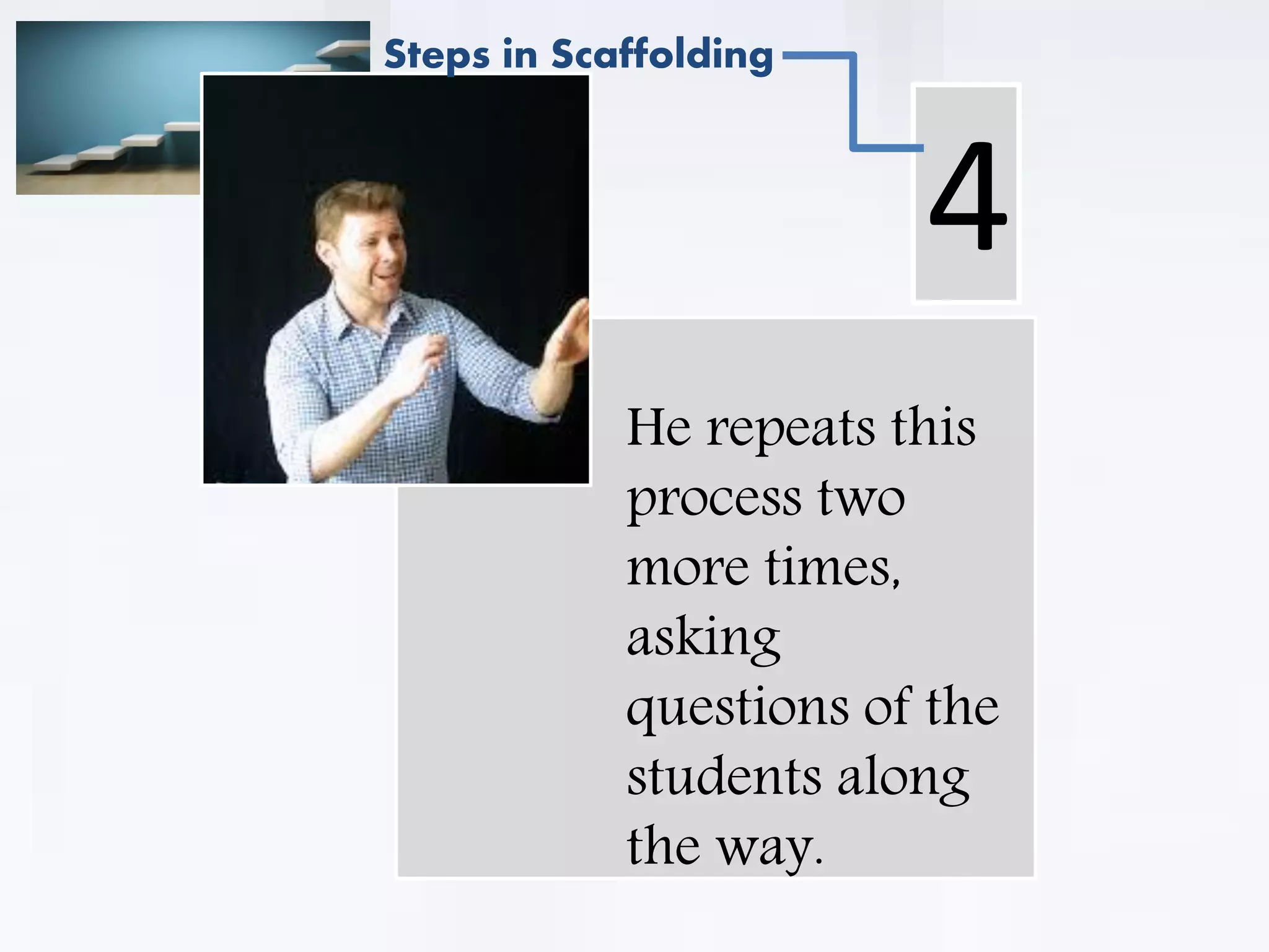 .
He repeats this
process two
more times,
asking
questions of the
students along
the way.
4
Steps in Scaffolding