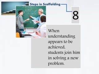 . When
understanding
appears to be
achieved,
students join him
in solving a new
problem.
8
Steps in Scaffolding
 