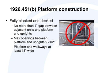 1926.451(b) Platform construction
• Fully planked and decked
– No more than 1” gap between
adjacent units and platform
and uprights
– Max openings between
platform and uprights 9 -1/2”
– Platform and walkways at
least 18” wide
 