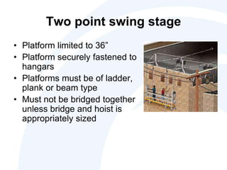 Two point swing stage
• Platform limited to 36”
• Platform securely fastened to
hangars
• Platforms must be of ladder,
plank or beam type
• Must not be bridged together
unless bridge and hoist is
appropriately sized
 
