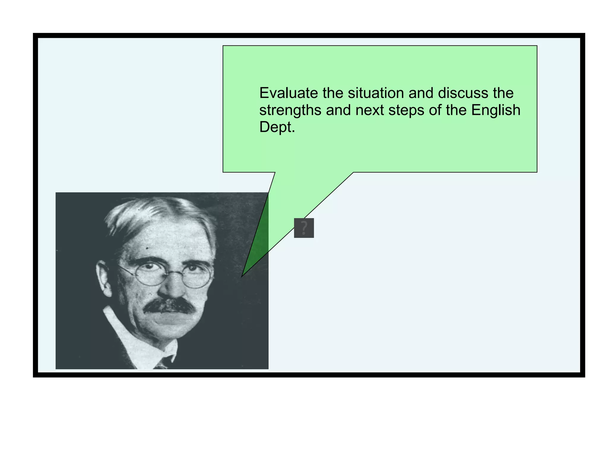 Evaluate the situation and discuss the strengths and next steps of the English Dept.  