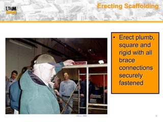 USA (v. 2008) 22
Erecting Scaffolding
• Erect plumb,
square and
rigid with all
brace
connections
securely
fastened
 