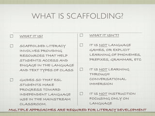 WHAT IS SCAFFOLDING?

    WHAT IT IS?                  WHAT IT ISN’T?

    SCAFFOLDED LITERACY          IT IS NOT LANGUAGE
    INVOLVES PROVIDING           GAMES, OR EXPLICIT
    RESOURCES THAT HELP          LEARNING OF PHONEMES,
    STUDENTS ACCESS AND          PREFIXES, GRAMMAR, ETC
    ENGAGE IN THE LANGUAGE
    AND TEXT TYPES OF CLASS      IT IS NOT LEARNING
                                 THROUGH
    GUIDES SO THAT ESL           CONVERSATIONAL
    STUDENTS MAKE                IMMERSION
    PROGRESS TOWARD
    INDEPENDENT LANGUAGE          IT IS NOT INSTRUCTION
    USE IN THE MAINSTREAM         FOCUSING ONLY ON
    CLASSROOM.                    LANGUAGE
MULTIPLE APPROACHES ARE REQUIRED FOR LITERACY DEVELOPMENT
 