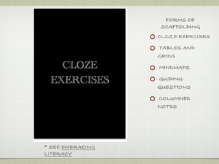 FORMS OF
                  SCAFFOLDING
                  CLOZE EXERCISES

                  TABLES AND
                  GRIDS
   CLOZE          MINDMAPS

                  GUIDING
 EXERCISES
                  QUESTIONS

                  COLUMNED
                  NOTES




* SEE EMBRACING
LITERACY
 