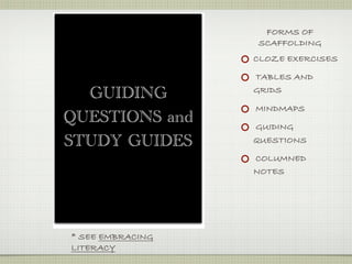 FORMS OF
                  SCAFFOLDING
                  CLOZE EXERCISES

                  TABLES AND
                  GRIDS
  GUIDING
                  MINDMAPS
QUESTIONS and     GUIDING
STUDY GUIDES      QUESTIONS

                  COLUMNED
                  NOTES




* SEE EMBRACING
LITERACY
 