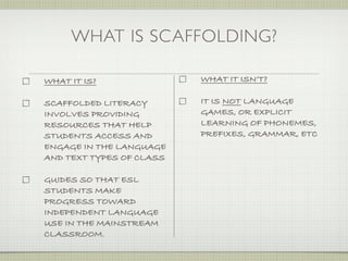 WHAT IS SCAFFOLDING?

WHAT IT IS?               WHAT IT ISN’T?

SCAFFOLDED LITERACY       IT IS NOT LANGUAGE
INVOLVES PROVIDING        GAMES, OR EXPLICIT
RESOURCES THAT HELP       LEARNING OF PHONEMES,
STUDENTS ACCESS AND       PREFIXES, GRAMMAR, ETC
ENGAGE IN THE LANGUAGE
AND TEXT TYPES OF CLASS

GUIDES SO THAT ESL
STUDENTS MAKE
PROGRESS TOWARD
INDEPENDENT LANGUAGE
USE IN THE MAINSTREAM
CLASSROOM.
 