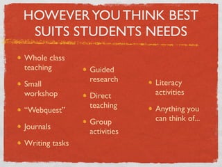 HOWEVER YOU THINK BEST
SUITS STUDENTS NEEDS
Whole class
teaching Guided
research Literacy
Small
workshop Direct activities
teaching Anything you
“Webquest”
Group can think of...
Journals
activities
Writing tasks