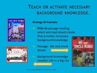 Strategy #3 Example
 Prior to passage reading,
select and read aloud a book
that provides necessary
background knowledge
 Passage: Me and Uncle
Romie
 Background knowledge
needed: Life in a big city
OFFICE OF SPECIAL PROGRAMS, EXTENDED AND EARLY LEARNING
TEACH OR ACTIVATE NECESSARY
BACKGROUND KNOWLEDGE.
 