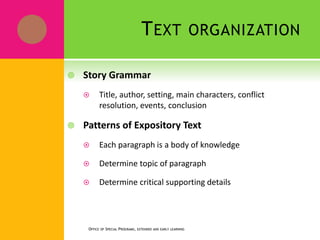 TEXT ORGANIZATION
 Story Grammar
 Title, author, setting, main characters, conflict
resolution, events, conclusion
 Patterns of Expository Text
 Each paragraph is a body of knowledge
 Determine topic of paragraph
 Determine critical supporting details
OFFICE OF SPECIAL PROGRAMS, EXTENDED AND EARLY LEARNING
 