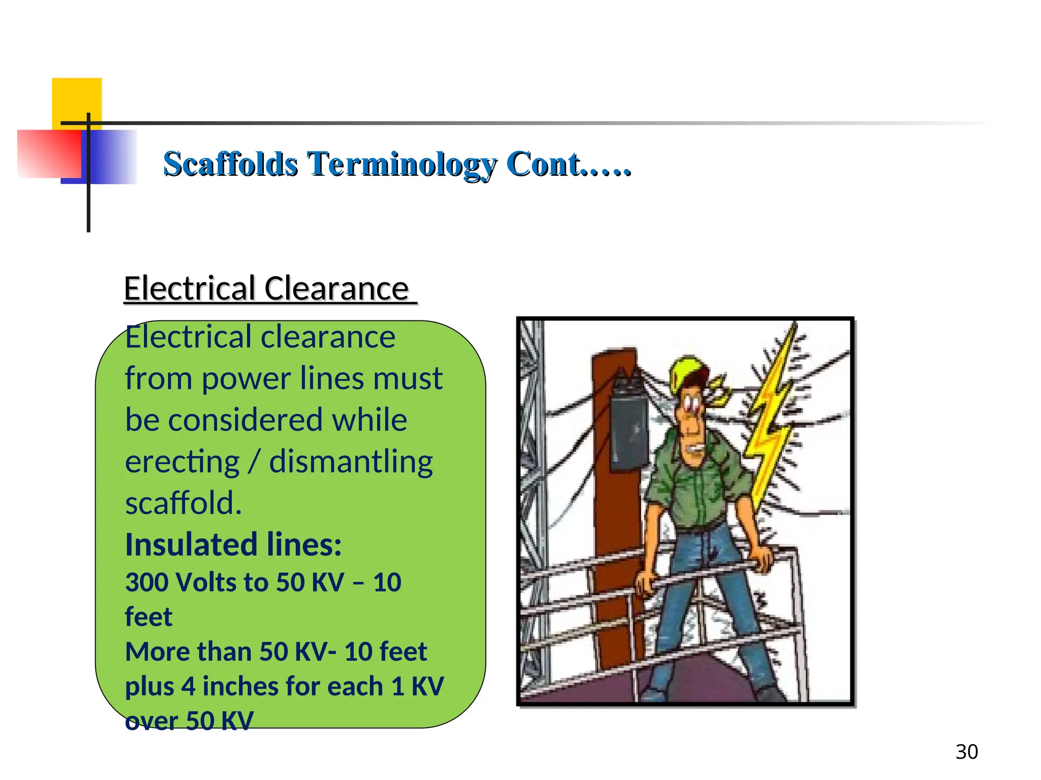 Electrical Clearance
Electrical Clearance
30
Electrical clearance
from power lines must
be considered while
erecting / dismantling
scaffold.
Insulated lines:
300 Volts to 50 KV – 10
feet
More than 50 KV- 10 feet
plus 4 inches for each 1 KV
over 50 KV
Scaffolds Terminology Cont.….
Scaffolds Terminology Cont.….
 