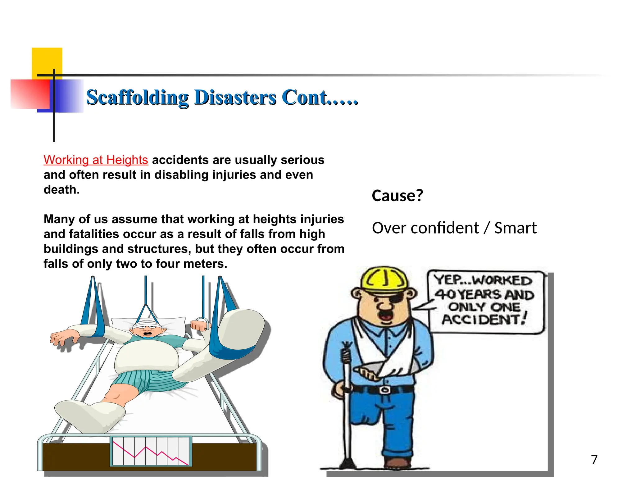 7
Working at Heights accidents are usually serious
and often result in disabling injuries and even
death.
Many of us assume that working at heights injuries
and fatalities occur as a result of falls from high
buildings and structures, but they often occur from
falls of only two to four meters.
Scaffolding Disasters Cont.….
Scaffolding Disasters Cont.….
Cause?
Over confident / Smart
 
