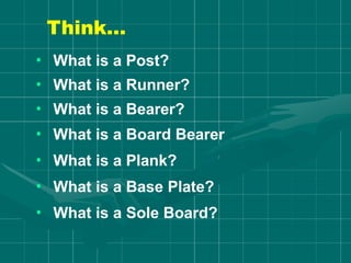 Think…
• What is a Post?
• What is a Runner?
• What is a Bearer?
• What is a Board Bearer
• What is a Plank?
• What is a Base Plate?
• What is a Sole Board?
 