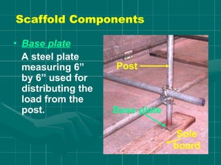 • Base plate
A steel plate
measuring 6”
by 6” used for
distributing the
load from the
post.
Sole
board
Base plate
Post
Scaffold Components
 
