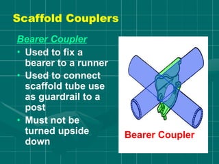 Bearer Coupler
• Used to fix a
bearer to a runner
• Used to connect
scaffold tube use
as guardrail to a
post
• Must not be
turned upside
down
Bearer Coupler
Scaffold Couplers
 