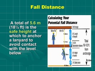Fall Distance
A total of 5.6 m
(18½ ft) is the
safe height at
which to anchor
a lanyard to
avoid contact
with the level
below
1.8m
1.1m
1.8m
0.9m
5.6m
 