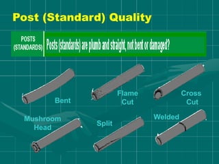 Post (Standard) Quality
Bent
Flame
Cut
Cross
Cut
Mushroom
Head
Split
Welded
 