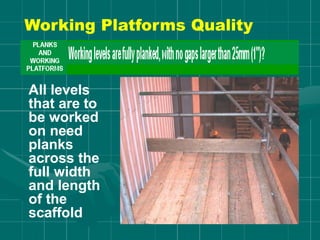 All levels
that are to
be worked
on need
planks
across the
full width
and length
of the
scaffold
Working Platforms Quality
 