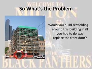 So What’s the Problem

           Would you build scaffolding
            around this building if all
                you had to do was
             replace the front door?
 