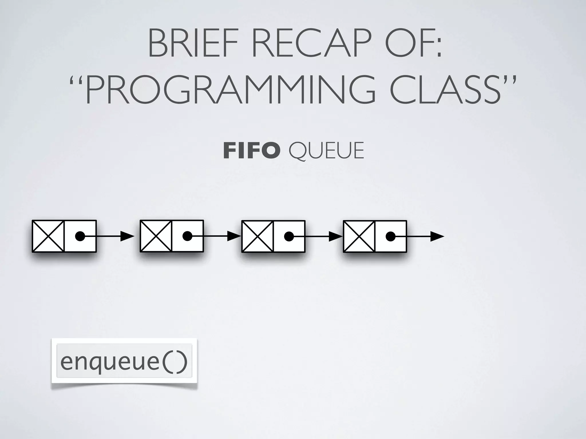 BRIEF RECAP OF:
“PROGRAMMING CLASS”
FIFO QUEUE
enqueue()
 