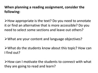 Look at language choices and predictable patterns in texts and the expectations of tasks. 