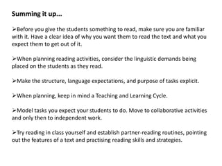 Why are the students being asked to read it? What will they be expected to do with it?Structure How is the reading organised?