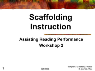 9/29/2022
Temple CTE Reading Project
D. Garnes, FRA
1
Scaffolding
Instruction
Assisting Reading Performance
Workshop 2
 