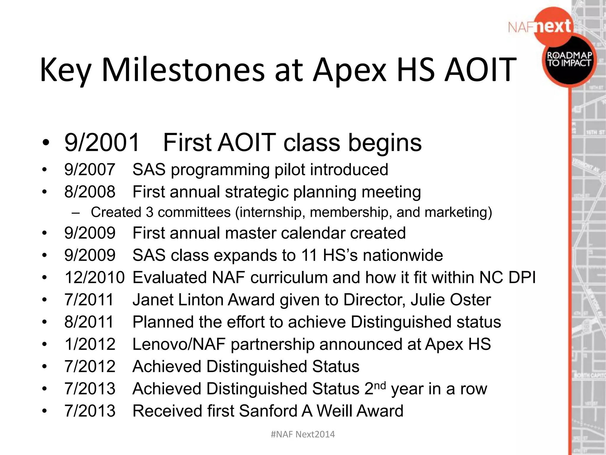 • 9/2001 First AOIT class begins
• 9/2007 SAS programming pilot introduced
• 8/2008 First annual strategic planning meeting
– Created 3 committees (internship, membership, and marketing)
• 9/2009 First annual master calendar created
• 9/2009 SAS class expands to 11 HS’s nationwide
• 12/2010 Evaluated NAF curriculum and how it fit within NC DPI
• 7/2011 Janet Linton Award given to Director, Julie Oster
• 8/2011 Planned the effort to achieve Distinguished status
• 1/2012 Lenovo/NAF partnership announced at Apex HS
• 7/2012 Achieved Distinguished Status
• 7/2013 Achieved Distinguished Status 2nd year in a row
• 7/2013 Received first Sanford A Weill Award
Key Milestones at Apex HS AOIT
#NAF Next2014
 
