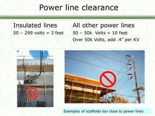 Power line clearance
Insulated lines All other power lines
50 – 299 volts = 3 feet 50 – 50k Volts = 10 feet
Over 50k Volts, add .4” per KV
Examples of scaffolds too close to power lines
 