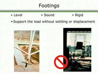 Footings
•Support the load without settling or displacement
• Sound • Rigid
• Level
 