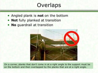 Overlaps
• Angled plank is not on the bottom
• Not fully planked at transition
• No guardrail at transition
On a corner, planks that don’t come in at a right angle to the support must be
on the bottom and then overlapped by the planks that are at a right angle.
 