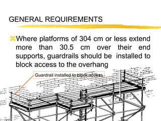 12
GENERAL REQUIREMENTS
Guardrail installed to block access
Where platforms of 304 cm or less extend
more than 30.5 cm over their end
supports, guardrails should be installed to
block access to the overhang
 