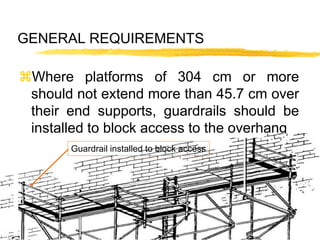14
GENERAL REQUIREMENTS
Where platforms of 304 cm or more
should not extend more than 45.7 cm over
their end supports, guardrails should be
installed to block access to the overhang
Guardrail installed to block access
 